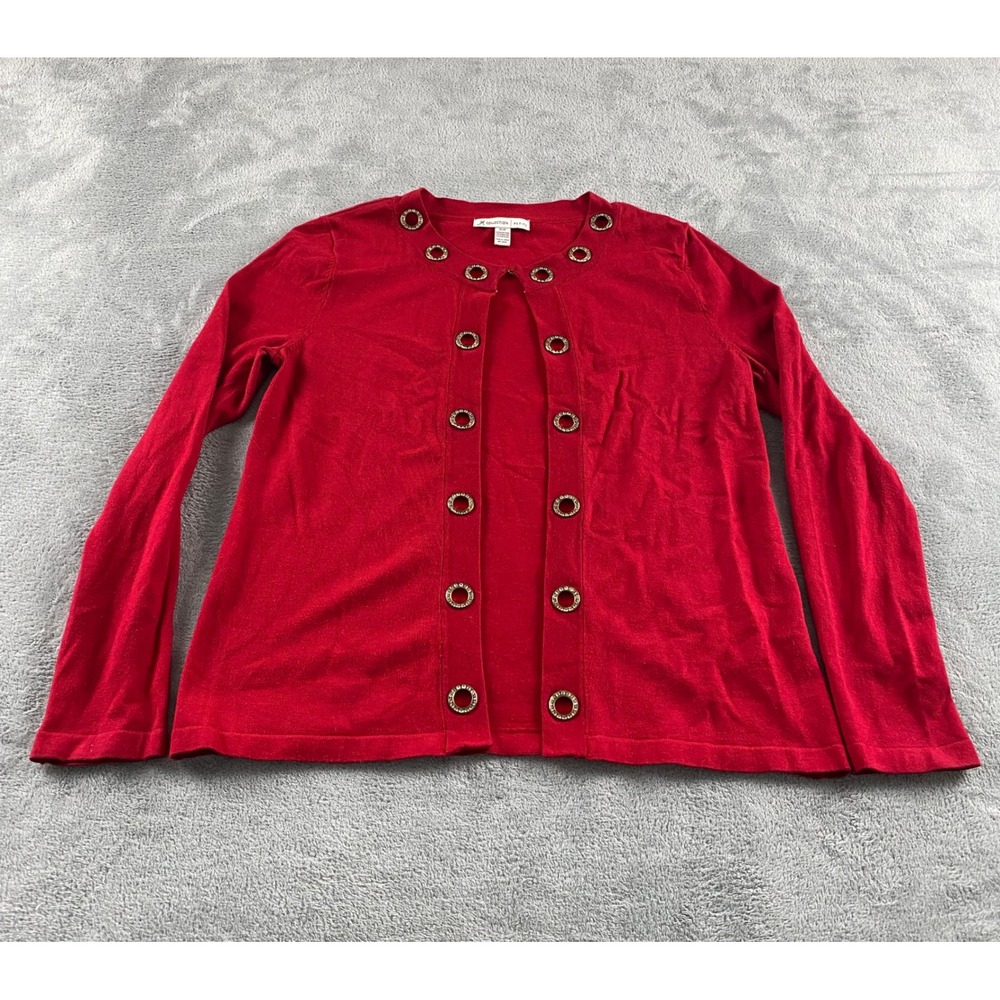 JM Collection Petite Red Rhinestone Grommet Open‎ Front Cardigan Sweater P/P